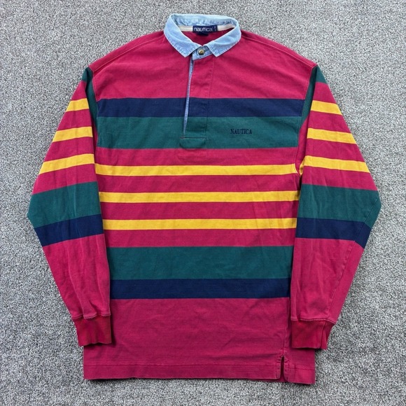 Nautica Other - Vintage Nautica Rugby Shirt Mens XL Red Green Yellow Striped Long Sleeve Cotton